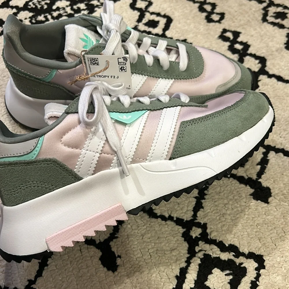 adidas Kids Sneakers in Sage Green, Mint, White, Pink Accents